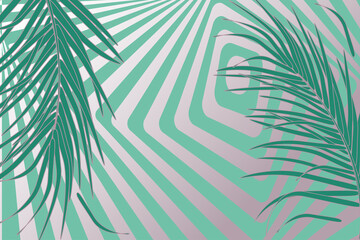 Fototapeta na wymiar Vector horizontal background with decorative palm leaves in tropics against backdrop of maze of stripes. Vibrant trendy luxury blues, greens and pinks. For background design of invitations, posters.