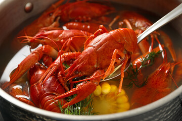 Spoon with fresh delicious crayfish over pot, closeup