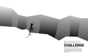 silhouette of businessman running on step forward to abyss. concept of business challenge and courage man