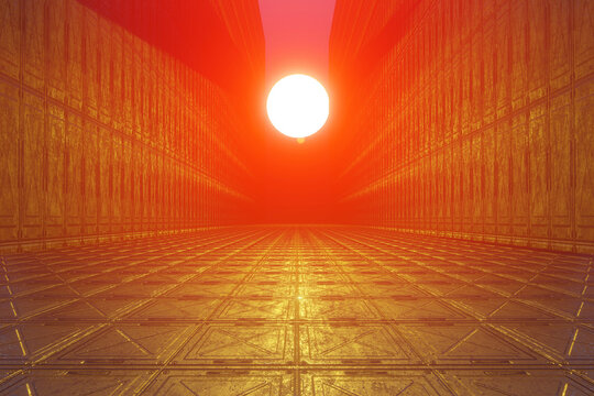 3D rendered Ilustration sunset on alien Planet illuminating strange architecture