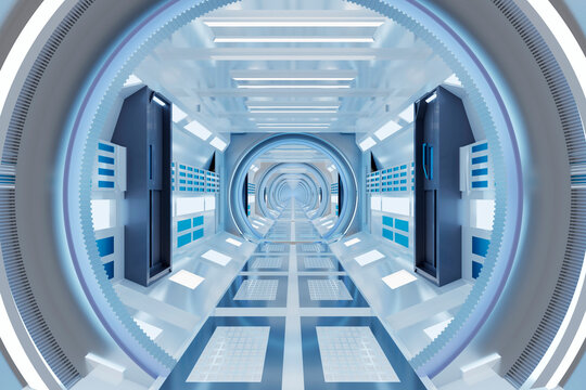 3D rendered Illustration of illuminated futuristic spaceship corridor