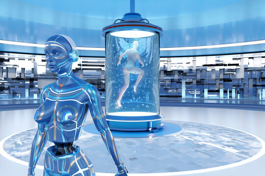 3D rendered Illustration of woman leaving her body behind and transferring her consciousness into gynoid in regeneration tank