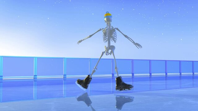 Skeleton Ice Skating In Light Snow On Ice Skate Rink - 3D Illustration