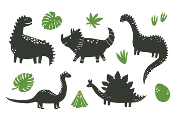 Cartoon dino silhouette collection for kids clipart. Vector isolated dinosaur stickers set for prints.