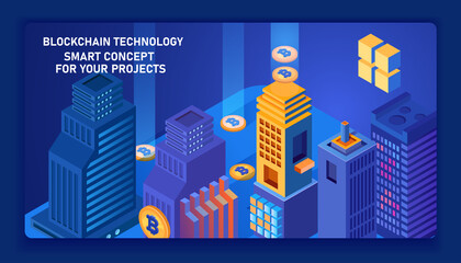 Fototapeta premium Cryptocurrency and blockchain isometric composition with people, analysts and managers working on crypto start up. Isometric vector illustration.
