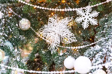 Outdoor Christmas tree with white Snowflakes and Decoration