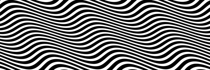 Fototapeta premium Simple wavy background. Vector illustration of striped pattern with optical illusion, op art. Long horizontal banner