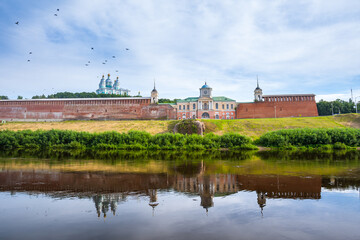 Fototapeta na wymiar The central historical part of the ancient city of Smolensk. Remnants of defense buildings and the Assumption Cathedral on the slopes of the right bank of the Dnieper River.
