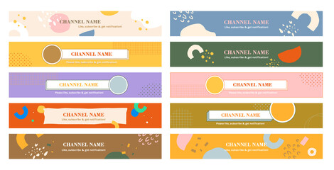 Youtube channel banner template set of ten in pastel colors. girly lifestyle, social media design elements. background, baby pink, blue, purple, orange, yellow, green, gold and beige.