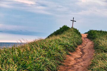 Walkway towards christian cross at Vladivostok, Russia