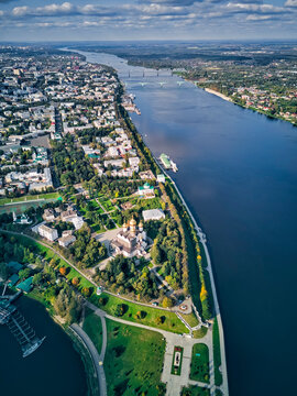 Aerial view of Volga River by cityscape against cloudy sky