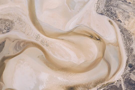 Aerial view of Dunas de Corrubedo on sunny day, Galicia, Spain