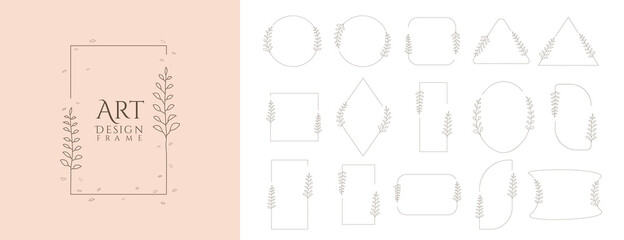 Vector illustration. Pen ink strokes. Isolated geometric frames collection. Element for design poster, brochure cover, invitation, gift card, flyer, social media. Natural symbol. Line and leaves set