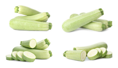 Set of cut and whole squashes on white background