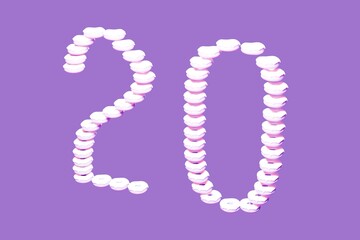 Number twenty 20 from pattern abstract white snow buns on colorful purple background.  Copy space. Celebration. 3D Rendering illustration.