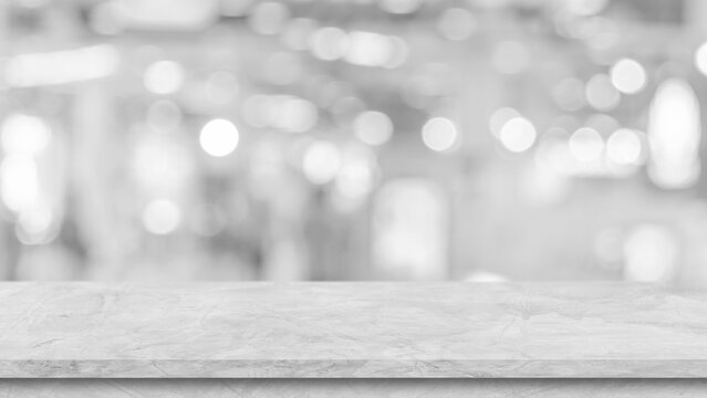 Cement White Table Top Perspective, Counter, Desk Over Blur Bokeh Light Background, For Product Display, Mockup, Montage, Template.