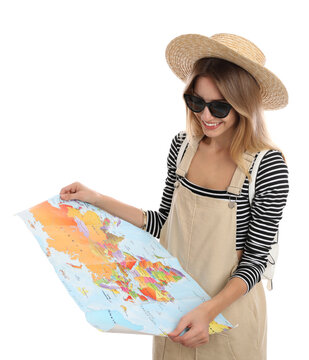 Woman with map on white background. Summer travel