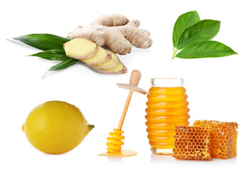 Fototapeta na wymiar Ginger root, lemon and honey on white background