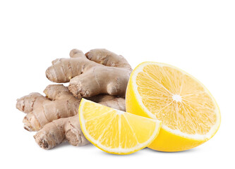Fresh ginger root and lemon on white background