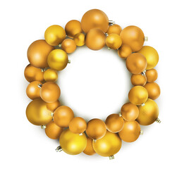 Beautiful festive wreath of golden Christmas balls on white background, top view
