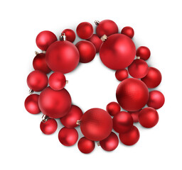 Beautiful festive wreath of red Christmas balls on white background, top view