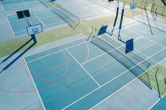 aerial view over basketball tennis multi use outdoor sports surface