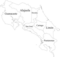 White vector map of Costa Rica with black borders and names of it's provinces