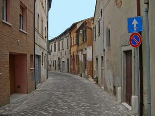 Italy, Marche, Mondolfo downtown medieval street.