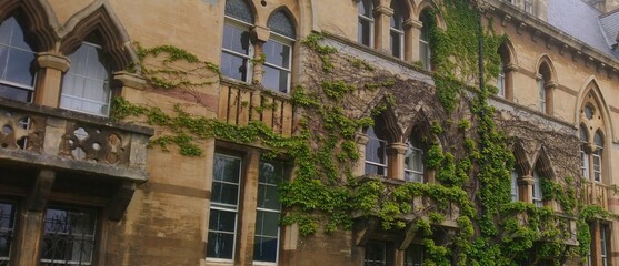 The historic facade is covered with ivy