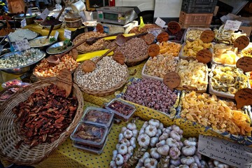 Fototapeta premium dried fruits and nuts in market, Saint Remey, Provence< France