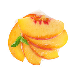 Fototapeta na wymiar Delicious dessert with peach slices isolated on white, top view