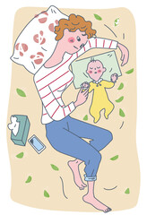 眠っている赤ん坊を見つめる母親
