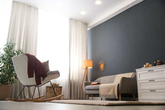 Cozy living room interior inspired by autumn colors, low angle view