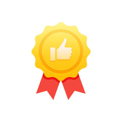 Certificate icon. Premium quality. Achievement badge. Quality mark. Achievement or award grant. Gold seal. Gold medal. Like icon. Hand like. Thumb up. Social media sign. Quality checking.