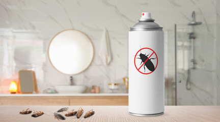 Pest control. Insecticide and dead cockroaches on table in bathroom, space for text