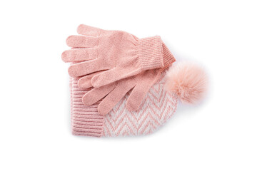 Fototapeta na wymiar Pink woolen gloves and hat on white background, top view. Winter clothes