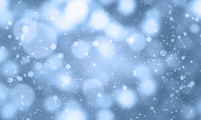 Fototapeta premium Abstract snowfall on light blue background, bokeh effect