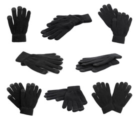 Set of black woolen gloves on white background