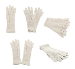 Set of woolen gloves on white background