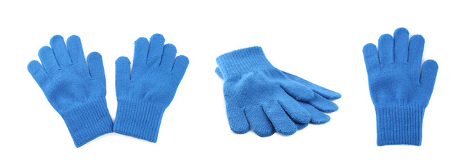 Set of blue woolen gloves on white background. Banner design