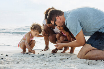 Focused diverse family collecting stones on sandy beach