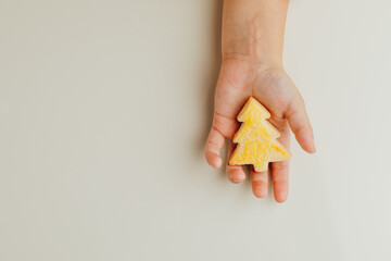 child holding a Christmas tree cookie in hand