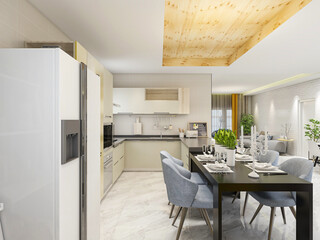 Spacious modern luxurious kitchen with bar design.