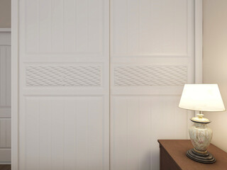  elegant and spacious bedroom design of modern apartment, overcoat cabinet beside the big bed, with dressing table and green plants