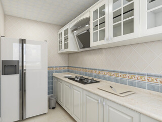 Modern family kitchen design, new cabinets and kitchenware with refrigerators, sunlight from the window.