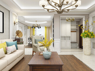 clean and tidy modern living room design, entrance with shoe cabinet, sofa, TV, table, leisure chair and other facilities