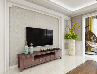 clean and tidy modern living room design, entrance with shoe cabinet, sofa, TV, table, leisure chair and other facilities