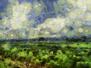 Grassland and sky landscape Illustrations creates an impressionist style of painting.