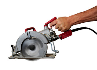 Power saw with blurred cutting blade isolated