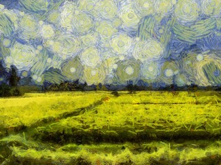 Grassland and sky landscape Illustrations creates an impressionist style of painting.